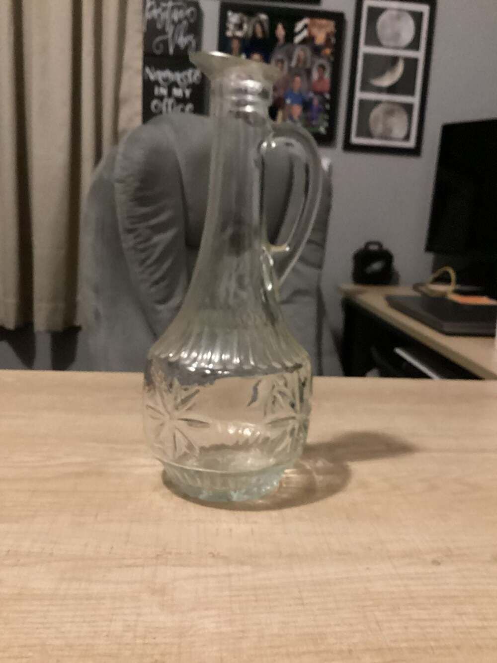 Vintage Clear Pressed Glass Starburst Pattern Decanter with Handle and Spout